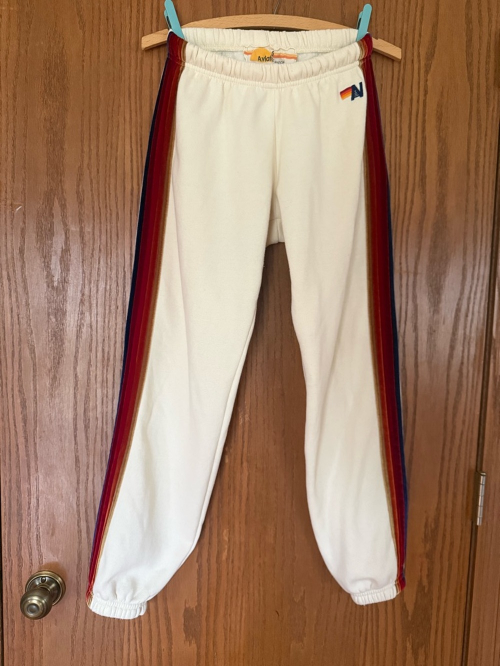 RARE Aviator Nation 5 Stripe Velour Sweatpants Cream S Coastal Cowgirl Cozycore - Picture 2 of 8